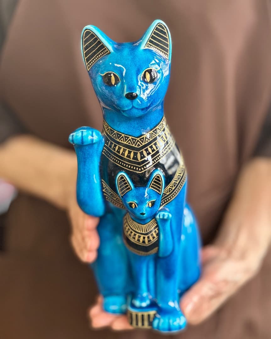 再値下げ　新品　青釉 オーナメント バステト 青釉金彩　親子　古代 エジプト神話