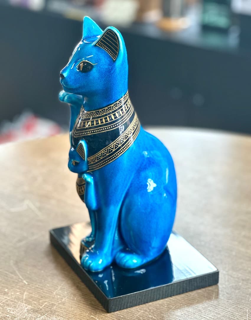 再値下げ　新品　青釉 オーナメント バステト 青釉金彩　親子　古代 エジプト神話