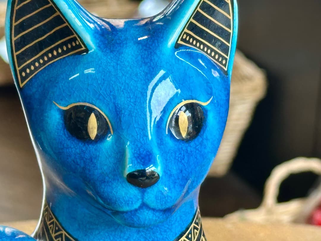 再値下げ　新品　青釉 オーナメント バステト 青釉金彩　親子　古代 エジプト神話