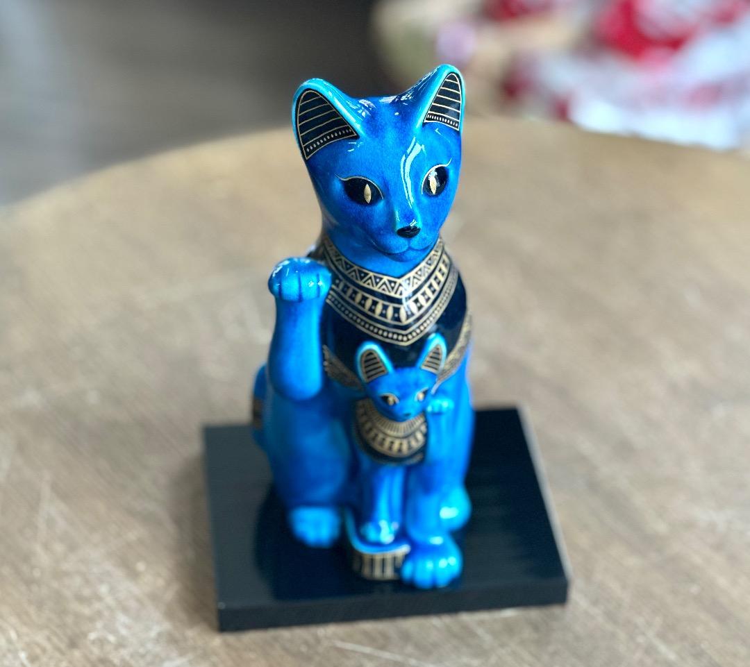 再値下げ　新品　青釉 オーナメント バステト 青釉金彩　親子　古代 エジプト神話