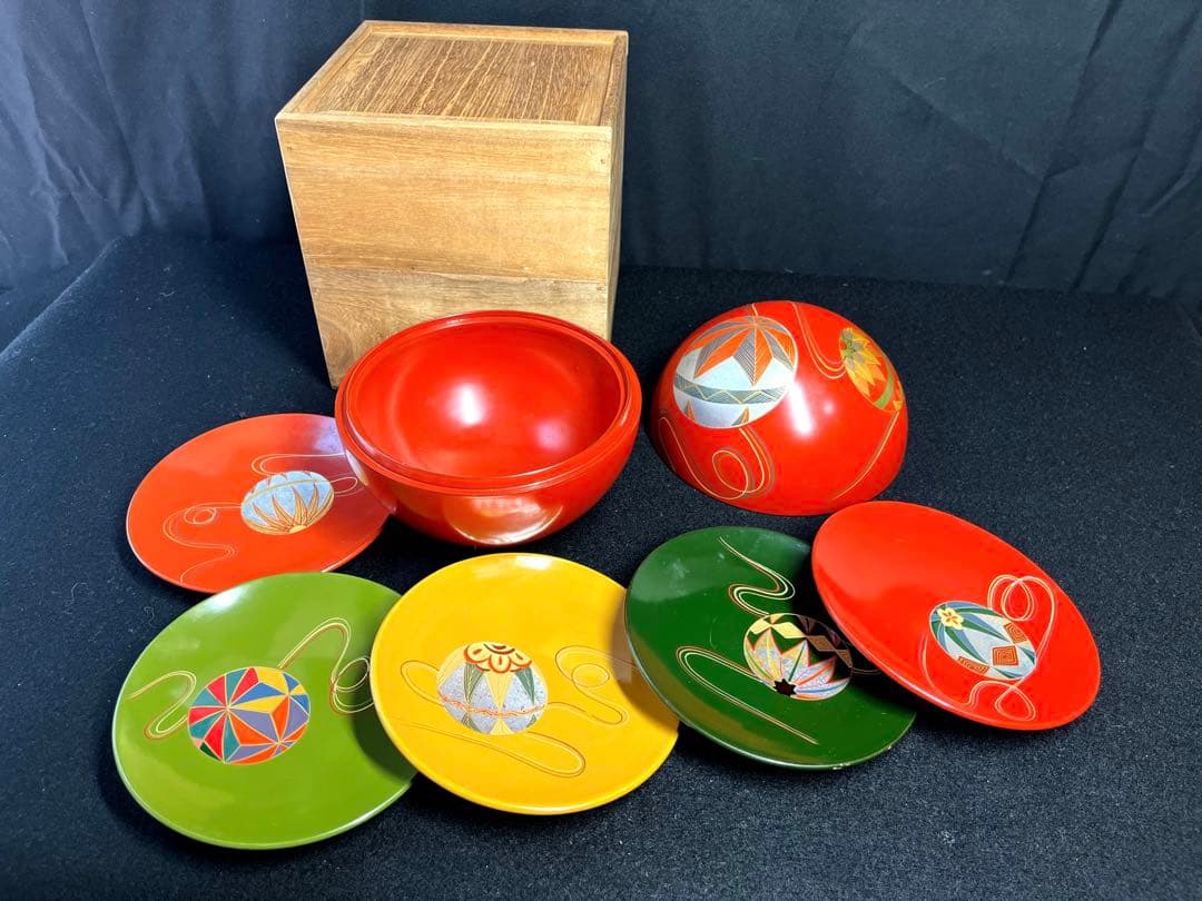 棗『手まり棗』銘々皿×5客セット漆器 天然木製 長期保管品 共箱　茶道具　古道具