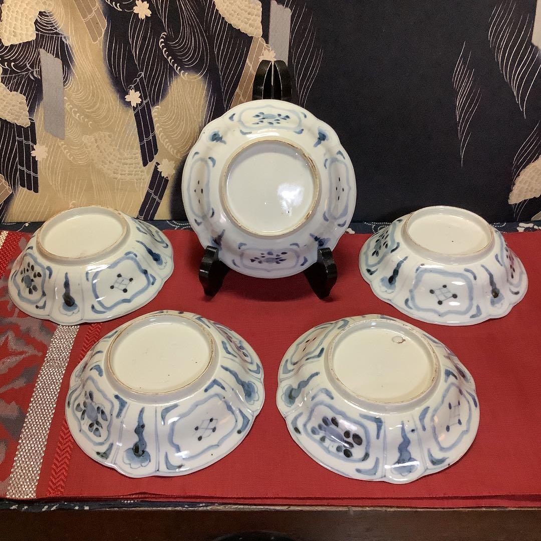 古伊万里　金彩色絵　絵皿　白鷺瓢箪　福紋　5客　江戸　李朝・大聖寺・九谷焼好きも