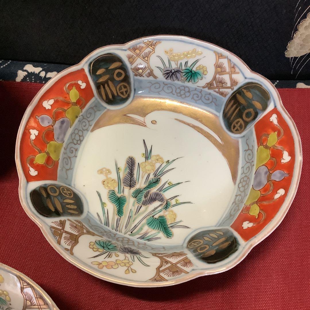 古伊万里　金彩色絵　絵皿　白鷺瓢箪　福紋　5客　江戸　李朝・大聖寺・九谷焼好きも