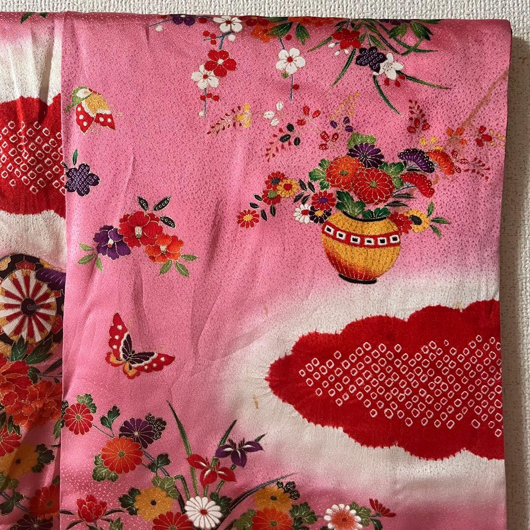 七五三　7歳　ピンク　アンティーク　着物セット　正絹