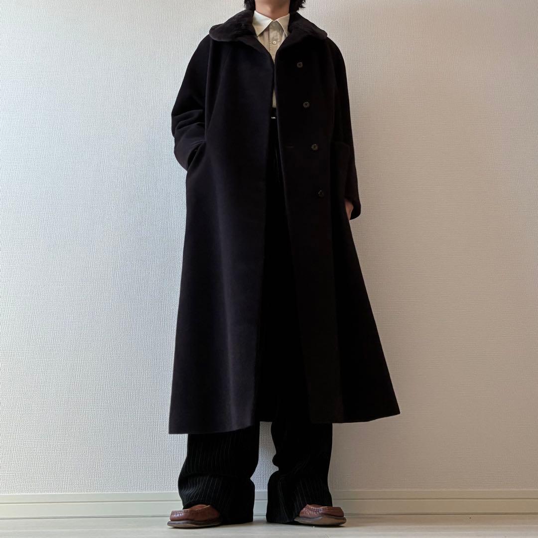 90's ヴィンテージ ステンカラーコート ロングコート ブラック ファー