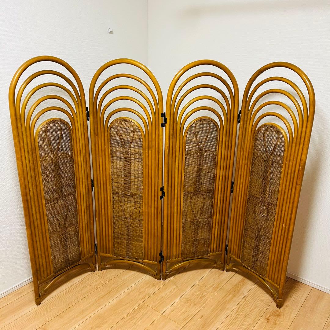 昭和レトロ エスニック 4連衝立 ラタンパーテーション 間仕切り パーティション