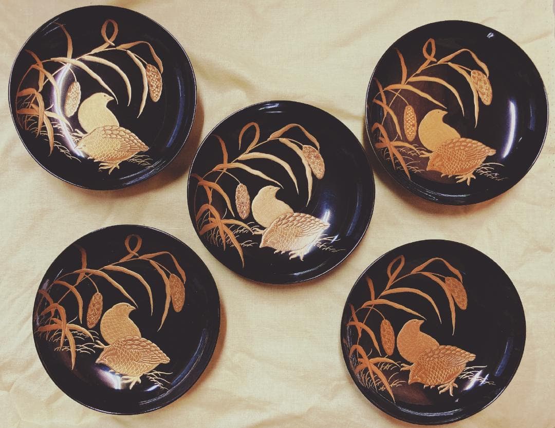 【値下げ】 京蒔絵 鶉 うずら 蒔絵 蓋付椀 【5客】