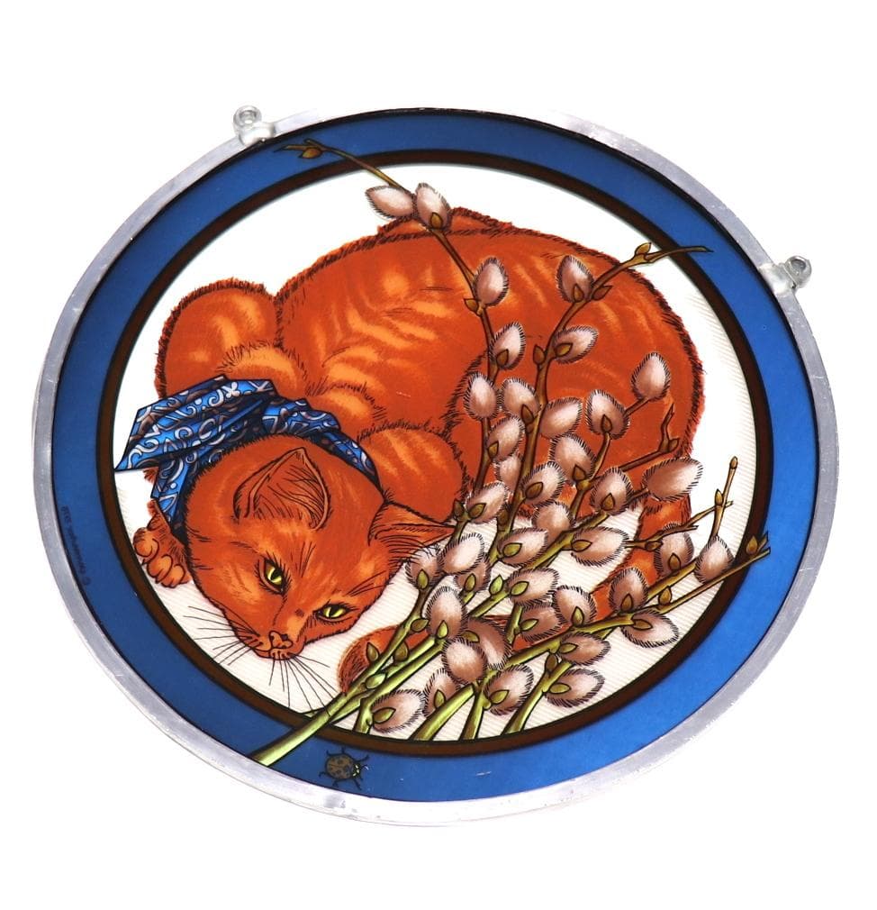 てんとう虫を見つめる猫 大型 丸型 ヴィンテージ ステンドグラスキャット