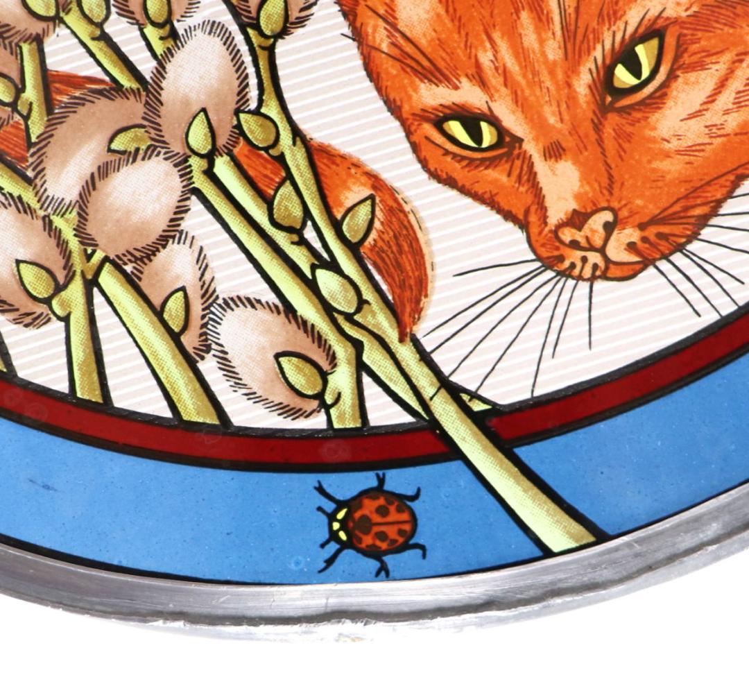 てんとう虫を見つめる猫 大型 丸型 ヴィンテージ ステンドグラスキャット