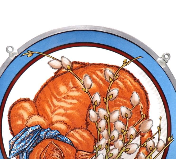 てんとう虫を見つめる猫 大型 丸型 ヴィンテージ ステンドグラスキャット