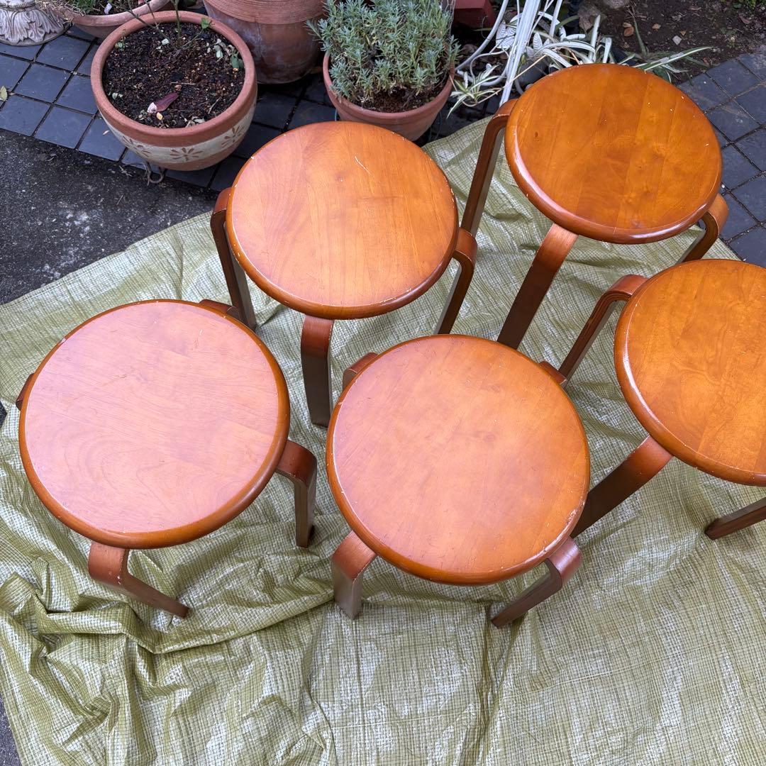 丸椅子 レトロ 5脚セット 木製 スツール シンプル チェア　アンティーク