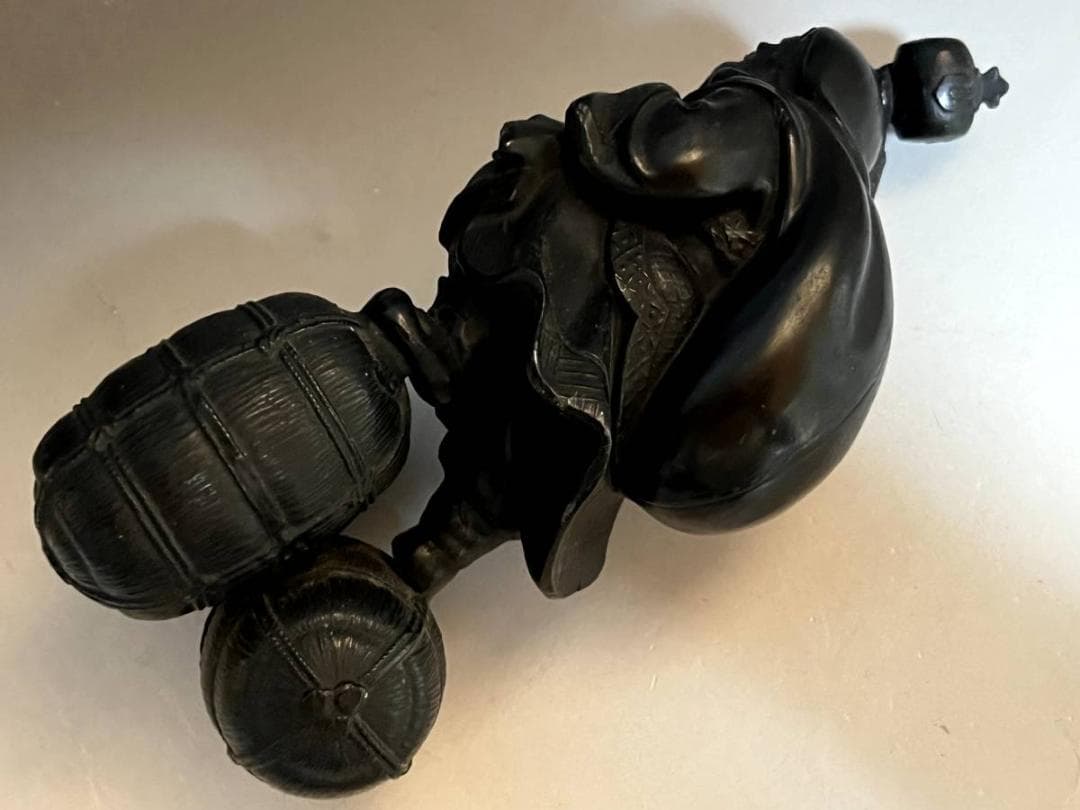 置物■布袋さん 銅製 オブジェ 七福神 米俵上布袋様 1.12kg時代物 骨董■