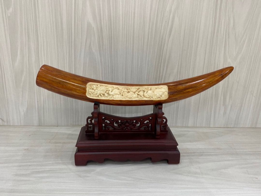 天然マンモス牙美しい手作り彫刻一鷺蓮昇置物