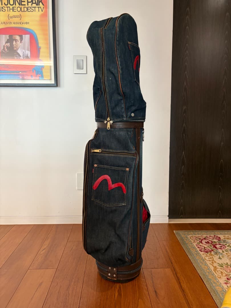 デニムキャディバッグ 赤い刺繍