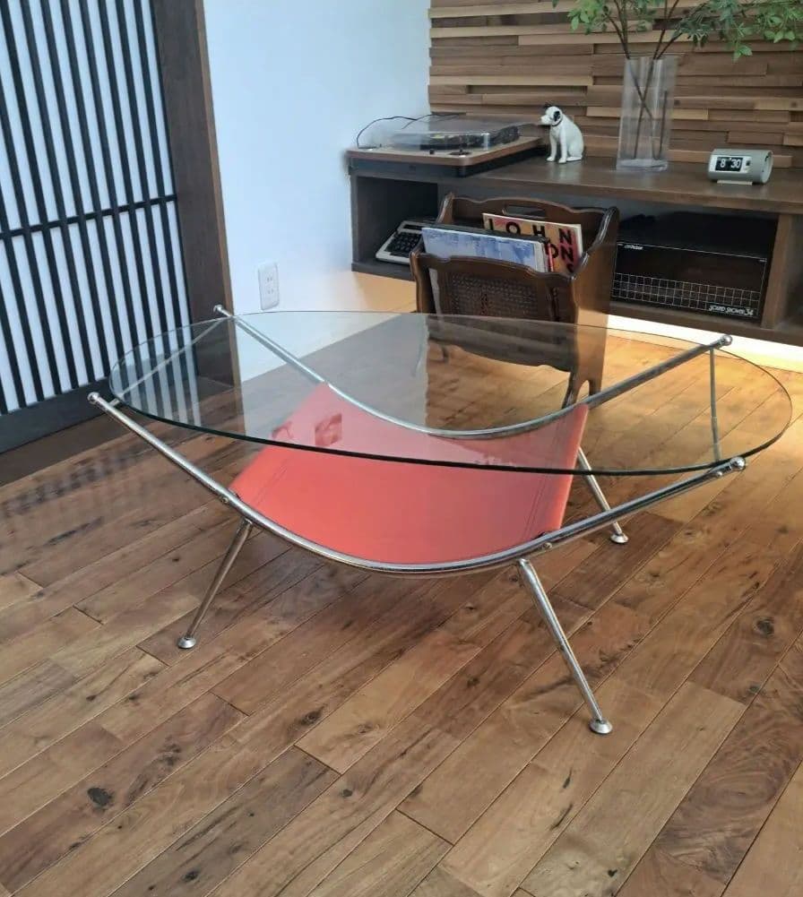 ヴィンテージ　ミッドセンチュリー ガラス センターテーブル ビンテージ メタル