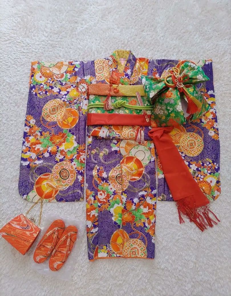 七五三用着物　7歳　紺　紫　金　フルセット　作り帯　正統派　レトロ　まとめて　緑