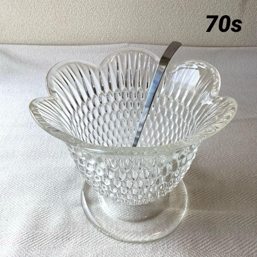 ①70年代 フルーツポンチ クリアプレスガラス 器 大型 花型 お玉付