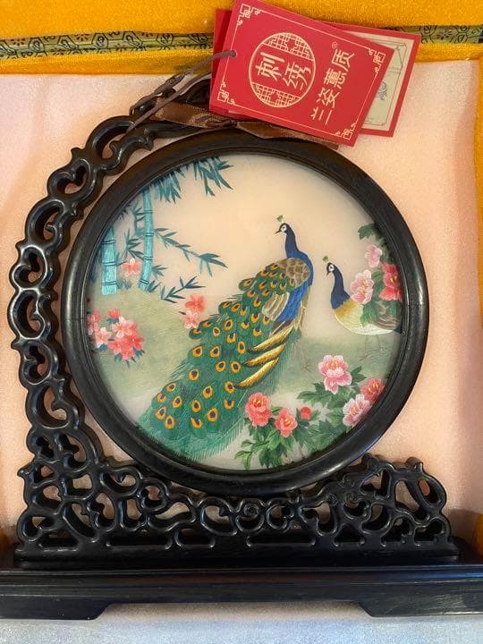 美品中国美術工芸刺繍両面手作り孔雀