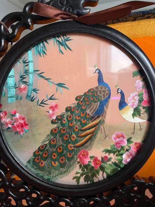 美品中国美術工芸刺繍両面手作り孔雀