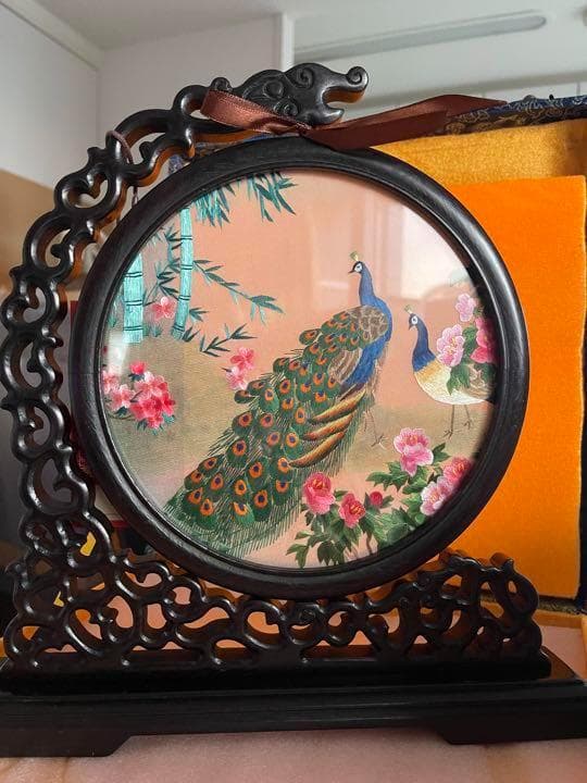 美品中国美術工芸刺繍両面手作り孔雀