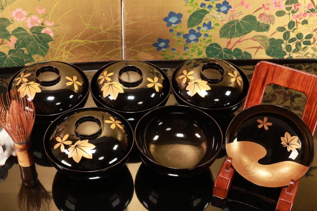 BJ110　時代輪島塗　流水紅葉桜図蒔絵　吸物椀　五客　木製　茶道具 懐石 会席