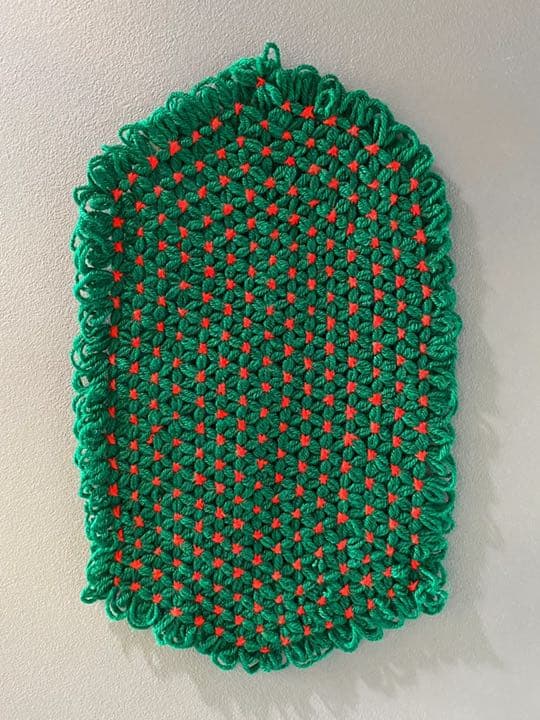 古着 ビンテージ 80s 緑 赤 グラニー マット 絨毯 キャンプ ラグ