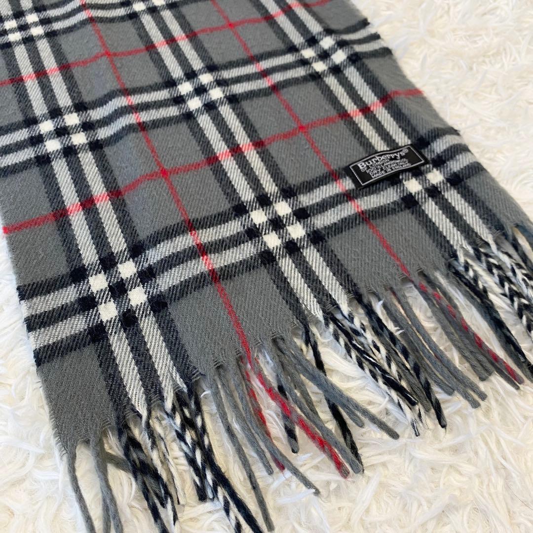 【美品】バーバリー ラムウール100％ マフラー ノバチェック グレー 英国製