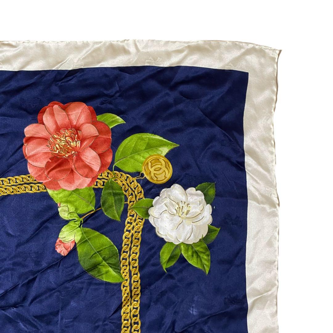 CHANEL 花柄　シルク　スカーフ ネイビー　ヴィンテージ