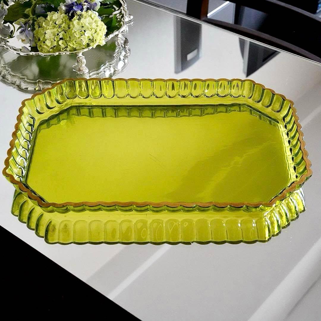 華麗なる オールド サンルイ 金彩 グリーン トレイ★アンティーク クリスタル★