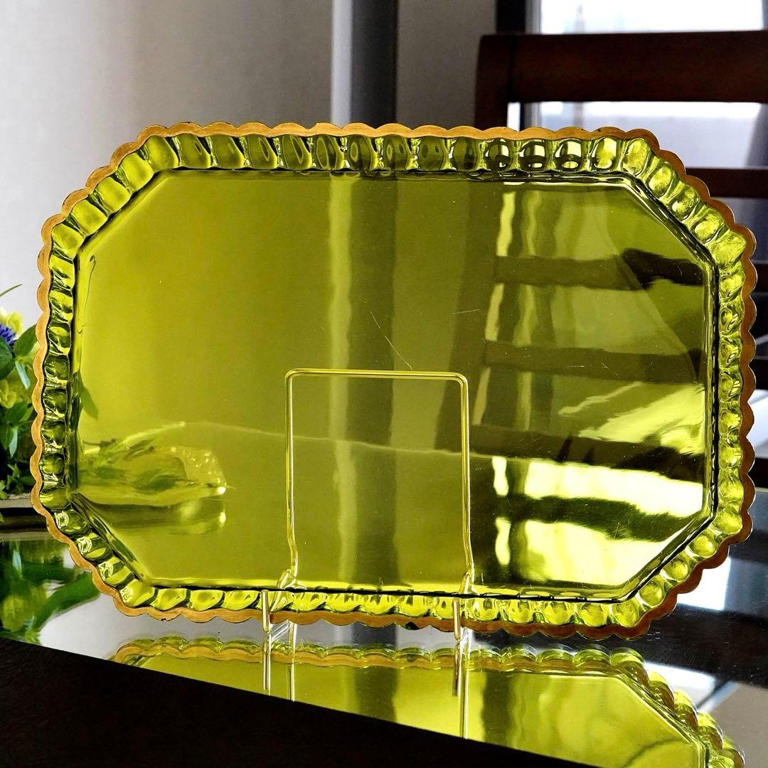 華麗なる オールド サンルイ 金彩 グリーン トレイ★アンティーク クリスタル★