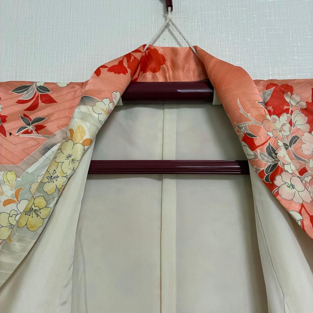 【美品】【振袖】総柄 桜 紗綾形地紋 朱色×アイボリー 卒業式 袴用にも