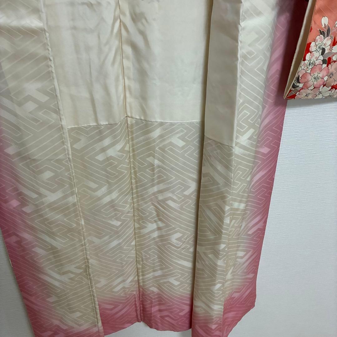 【美品】【振袖】総柄 桜 紗綾形地紋 朱色×アイボリー 卒業式 袴用にも