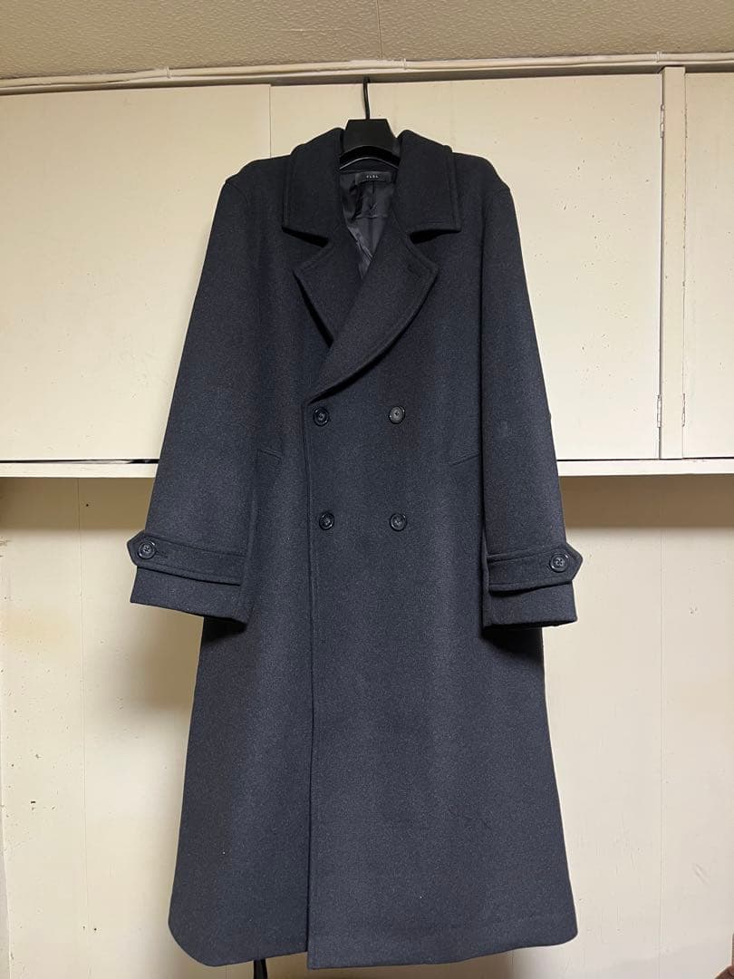 CLEL ウールブレンドテックメルトンダブルチェスターコート　チャコールグレー