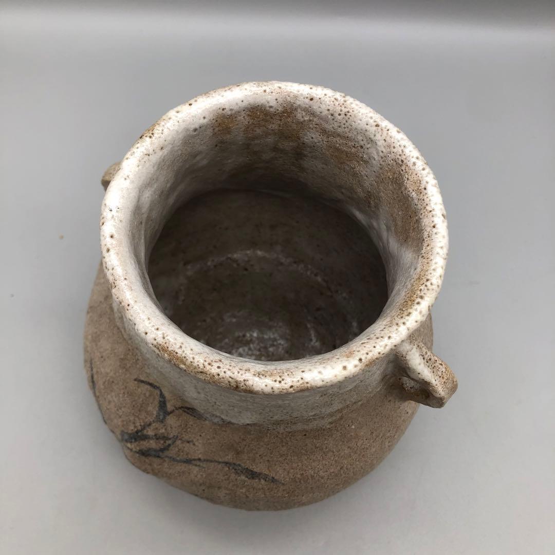 木箱入り未使用鳥鷺さぎ絵耳付き双耳陶釜陶器花器ツボ壺型花瓶花生け華道具骨董品