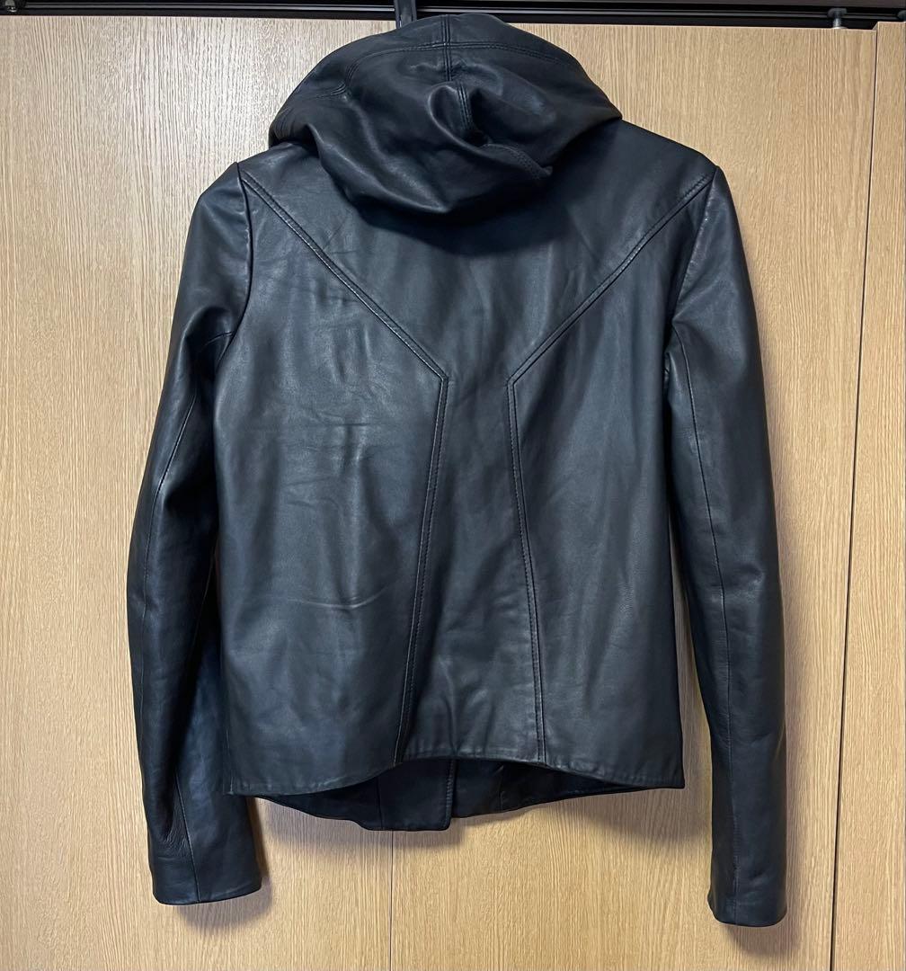 ヘルムートラング フード付きブラックレザージャケット