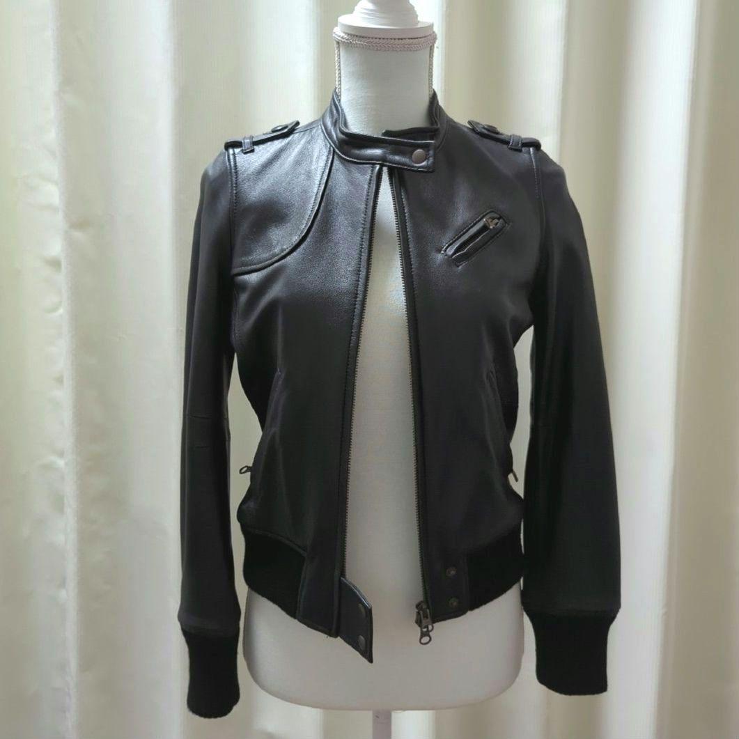 ♣美品　ラムレザー　ブルゾン　ライダース　ジャケット　袖口リブ　黒　 ブラック
