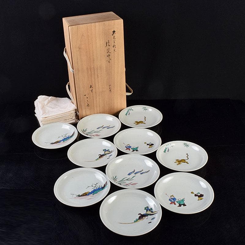 九谷焼　初代徳田八十吉造　古九谷写　絵変中皿　五客二組　共箱　F　R9208B