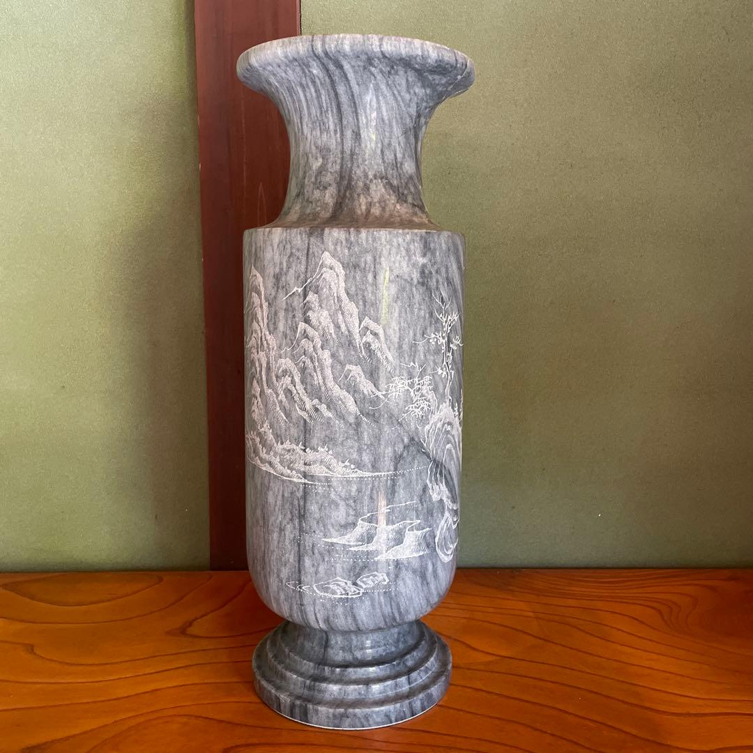石製 山水画彫刻 フラスコ型花瓶