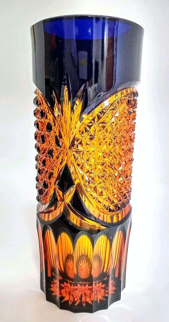 【新品未使用】門脇硝子加工所 江戸切子 アンバークリスタル 花器（琥珀色瑠璃）