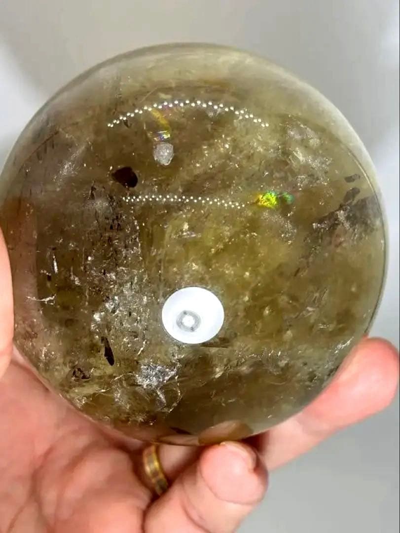天然石　金運　特大アイリススモーキーシトリンスフィア　台座付き　透明、大量虹入り