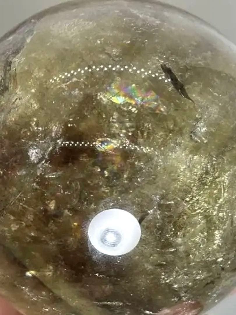 天然石　金運　特大アイリススモーキーシトリンスフィア　台座付き　透明、大量虹入り