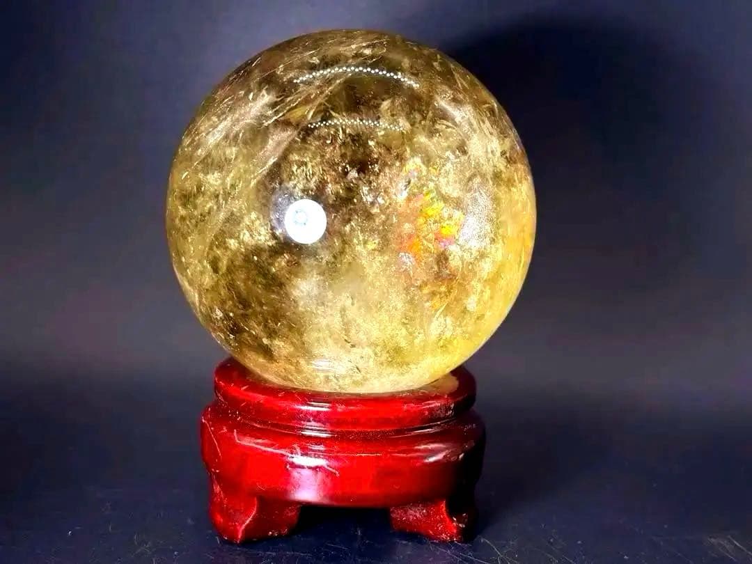 天然石　金運　特大アイリススモーキーシトリンスフィア　台座付き　透明、大量虹入り