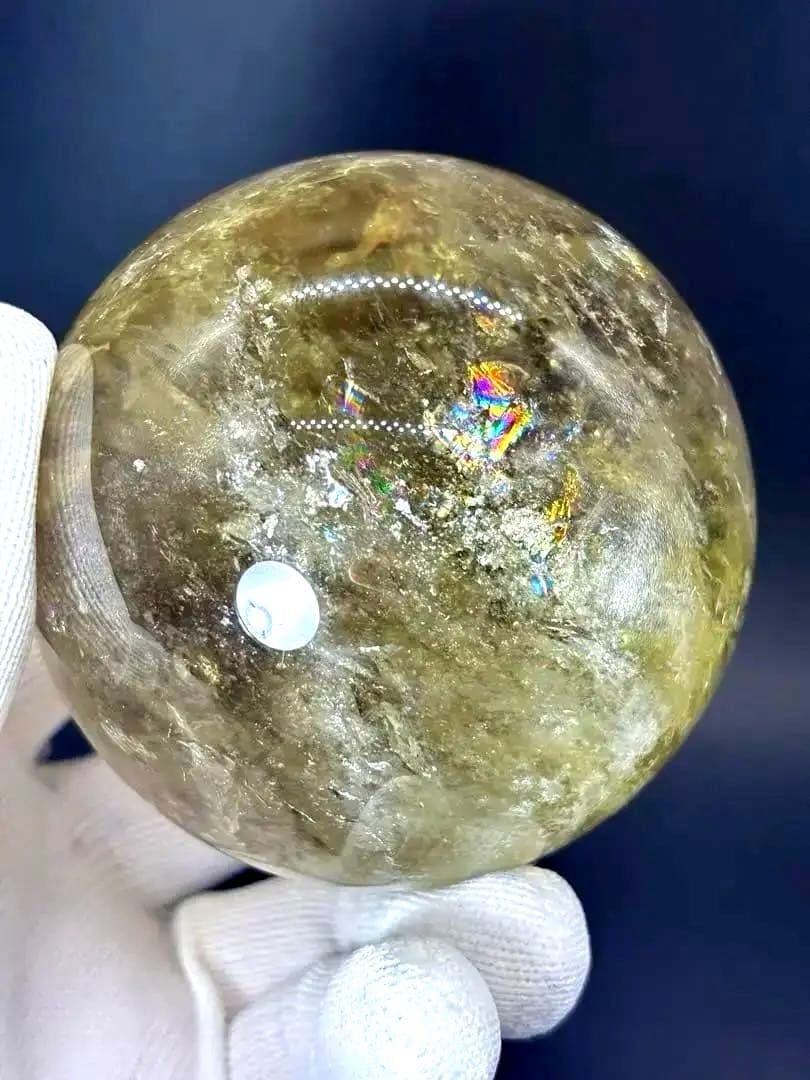 天然石　金運　特大アイリススモーキーシトリンスフィア　台座付き　透明、大量虹入り