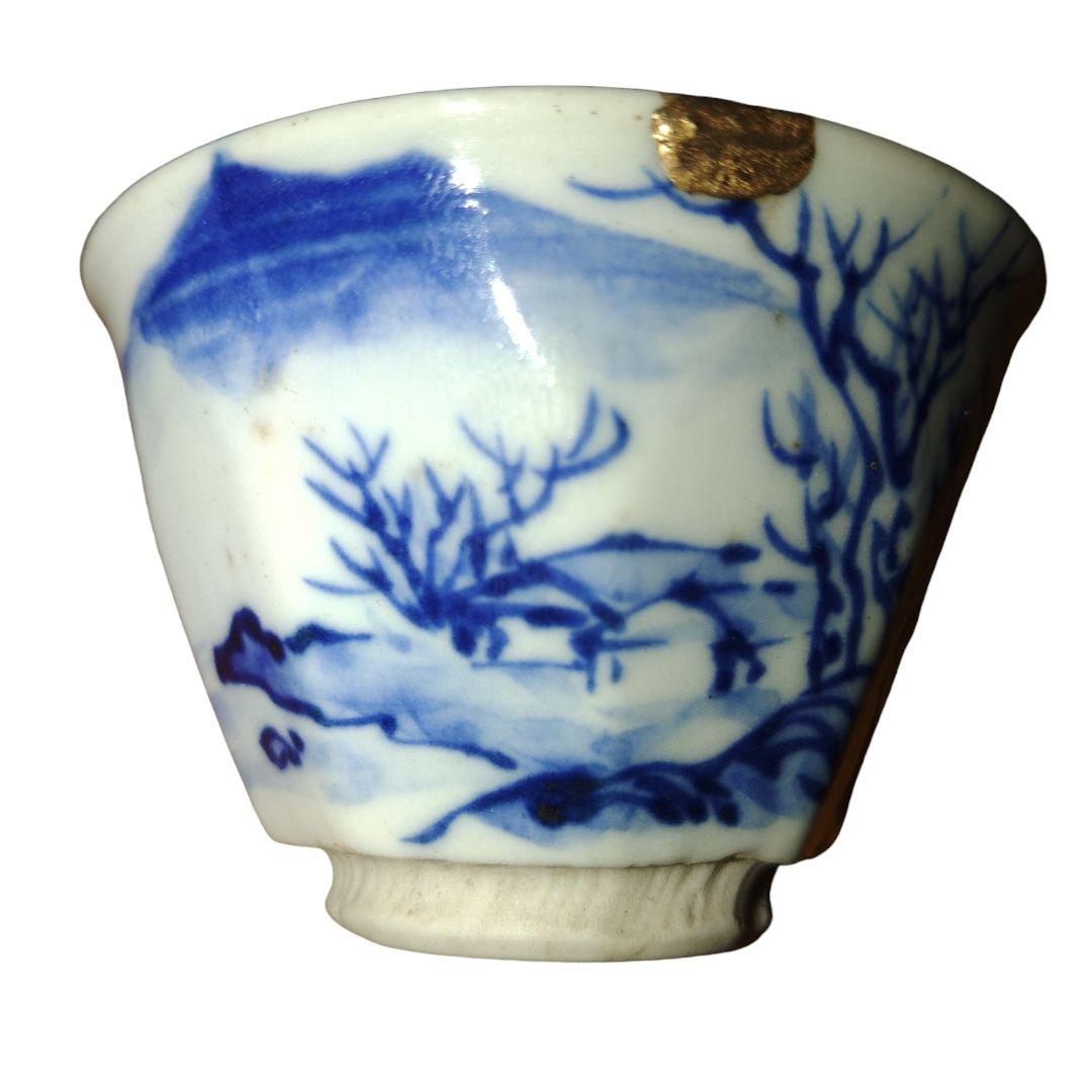 越後豊栄太丘焼　山水染付煎茶茶碗　茶道　明治美術
