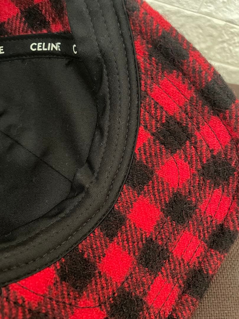 CELINE セリーヌ ⭐️チェック柄 ベースボールキャップ レッド×ブラック