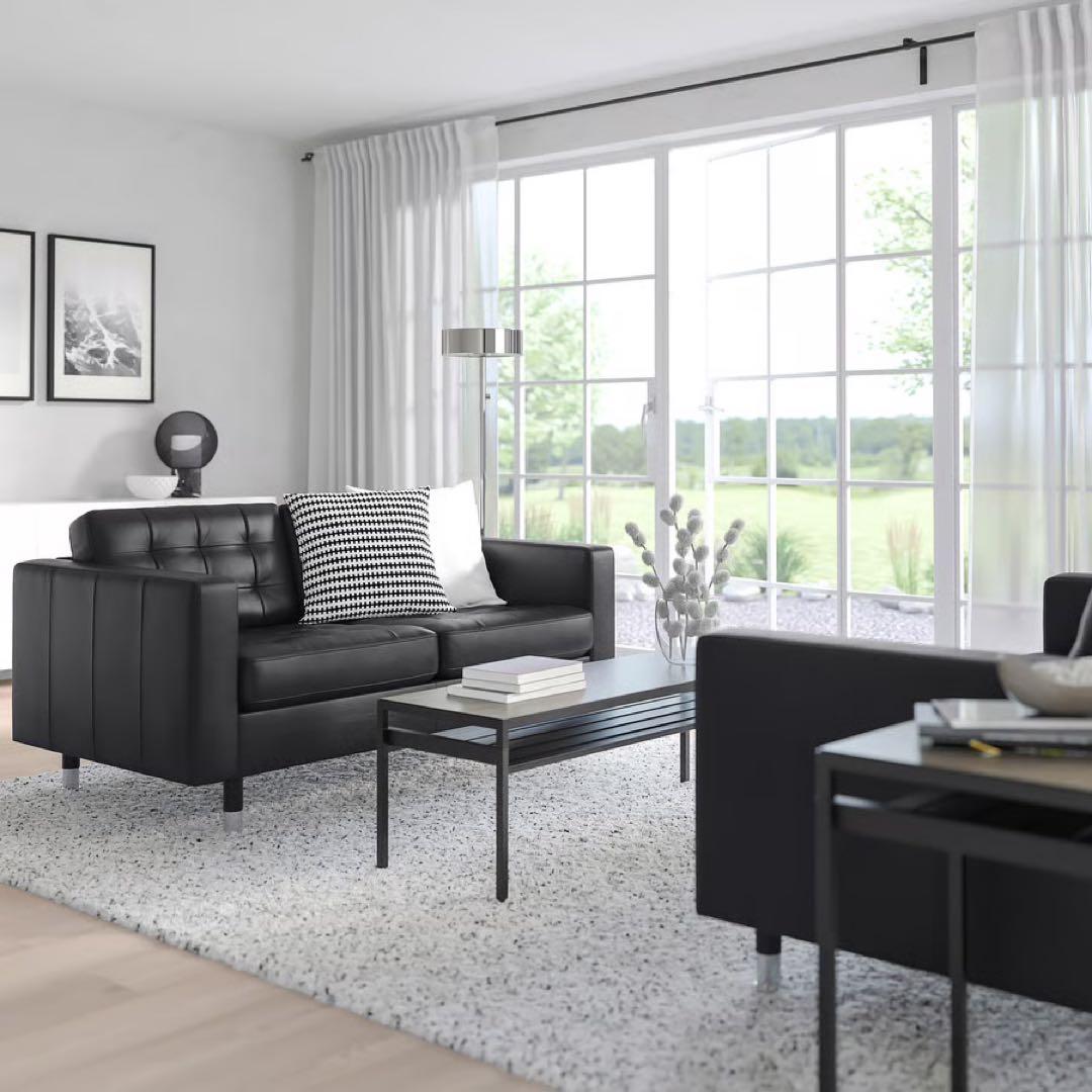 IKEA イケア LANDSKRONA 黒合成皮革 カウチソファ オットマン付き