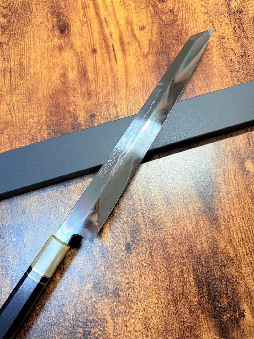 【堺打刃物】森本光一作　刺身 切付　水本焼　包丁　尺　鏡面　黒檀両白水牛銀巻柄