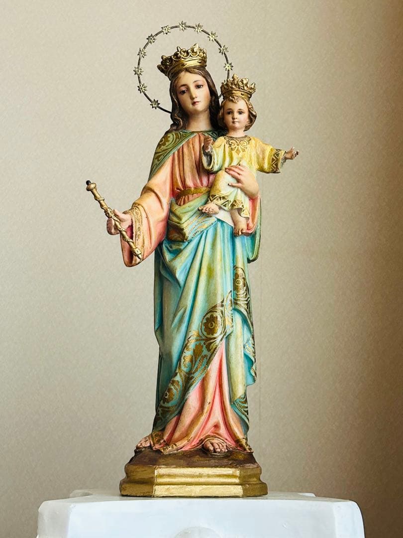 【超超希少46cm】✞イエズス様を抱く聖母マリア像　宗教彫刻　アンティーク