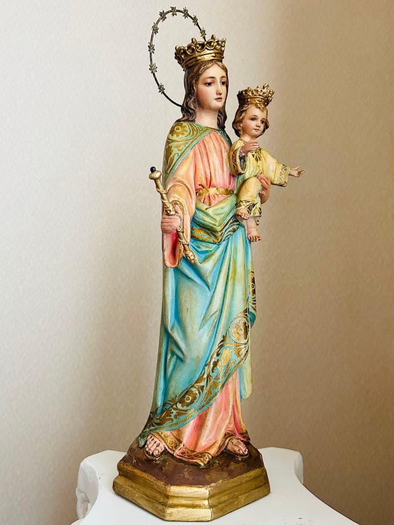 【超超希少46cm】✞イエズス様を抱く聖母マリア像　宗教彫刻　アンティーク