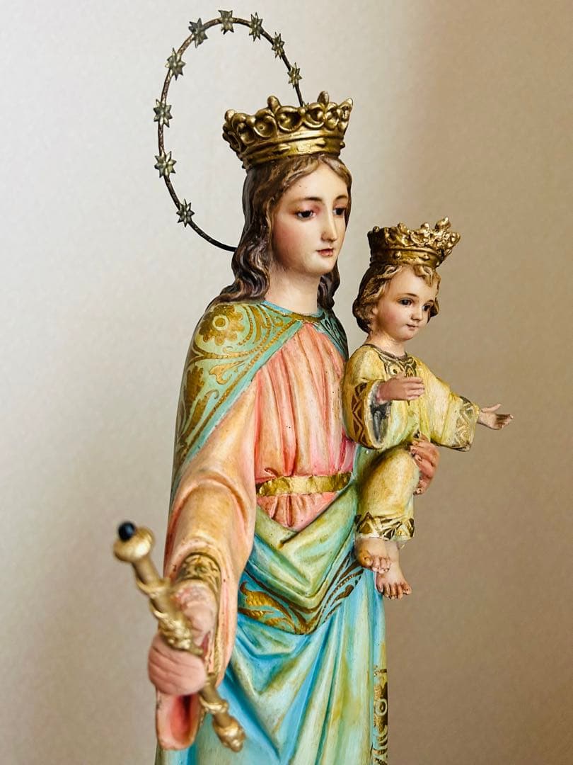 【超超希少46cm】✞イエズス様を抱く聖母マリア像　宗教彫刻　アンティーク